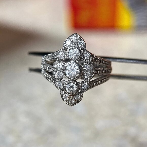 Art Deco Style Cluster Cz 925 Silver Ring - Picture 3 of 8